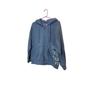 Social Tourist Hoodie Womens Small Blue Zip Up Fleece Lined Graphic Sweatshirt